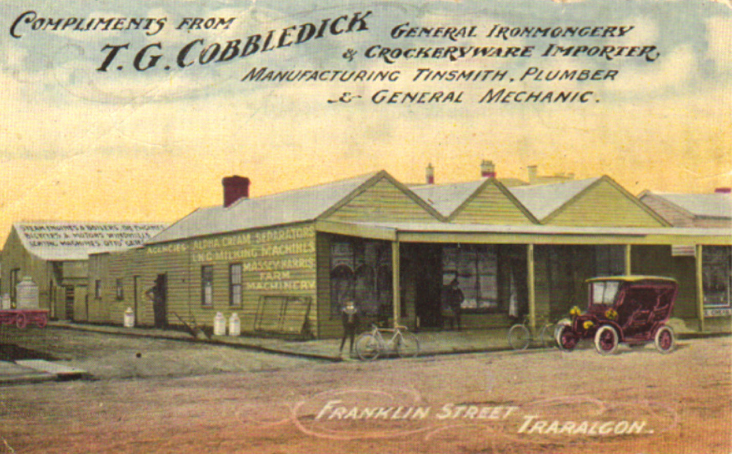 Hand coloured historic photo of store with car parked out the front