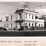 Black and white photo of the 2 storey National Bank in Traralgon before it was demolished in 1980.