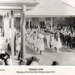 Historic photo of students lined up for assembly at Grey Street School opening in 1912