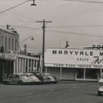 Black and white photo looking south in Franklin street at Maryvale Motors building