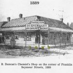 Historic drawing of corner store in Traralgon 1889