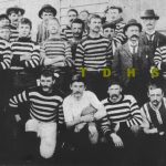 Historic photo of football team wearing striped uniforms 1900