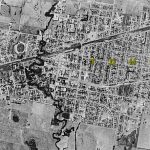 Black and white photo of Traralgon CBD from the air 1965