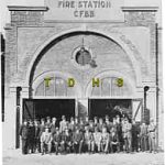 HIstoric photo of the Traralgon fire station with crowd of people